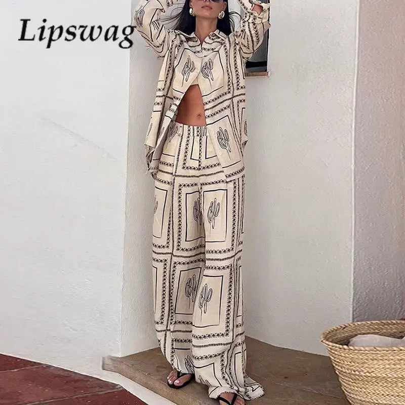 Casual Single-Breasted Top And Wide-Leg Trousers Women Lapel Shirt Versatile Two-Piece Set New Elegant Long-Sleeve Commuter Suit AMAIO