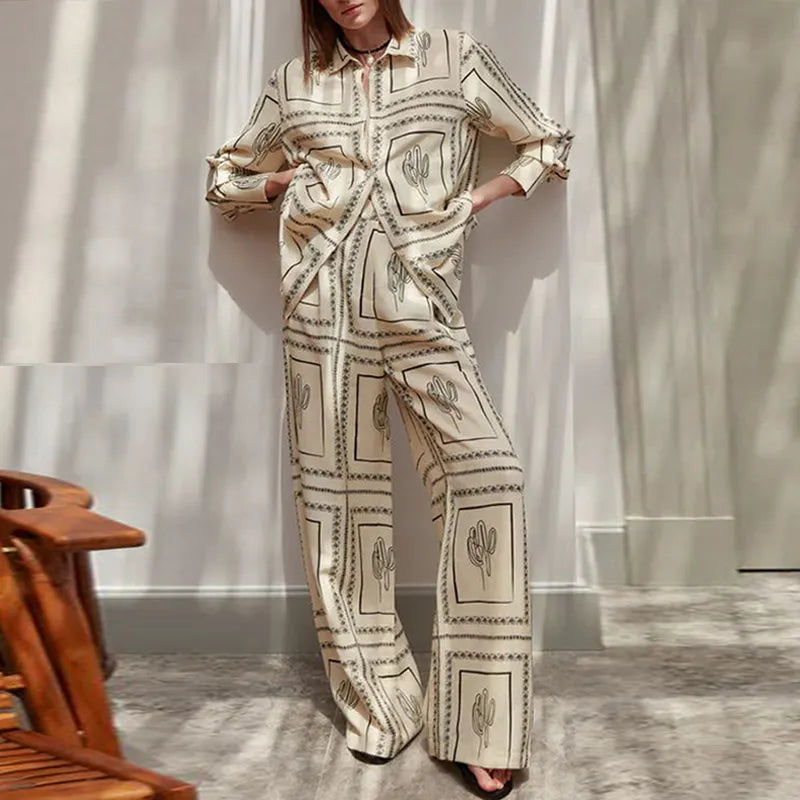 Casual Single-Breasted Top And Wide-Leg Trousers Women Lapel Shirt Versatile Two-Piece Set New Elegant Long-Sleeve Commuter Suit