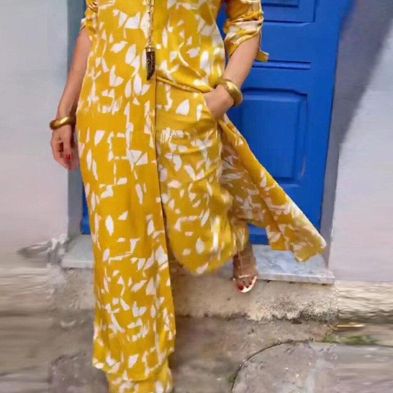 Casual Summer Women Sets Print Outfits Streetwear Lapel Long Shirt Two Piece Set Retro Single-Breasted Shirts+Trousers Suit