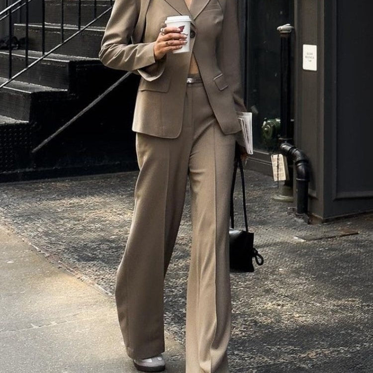 Casual Two Piece Sets For Women Notched Collar Detachable Long Sleeve Blazer High Waist straigth Trousers Solid Sets Female