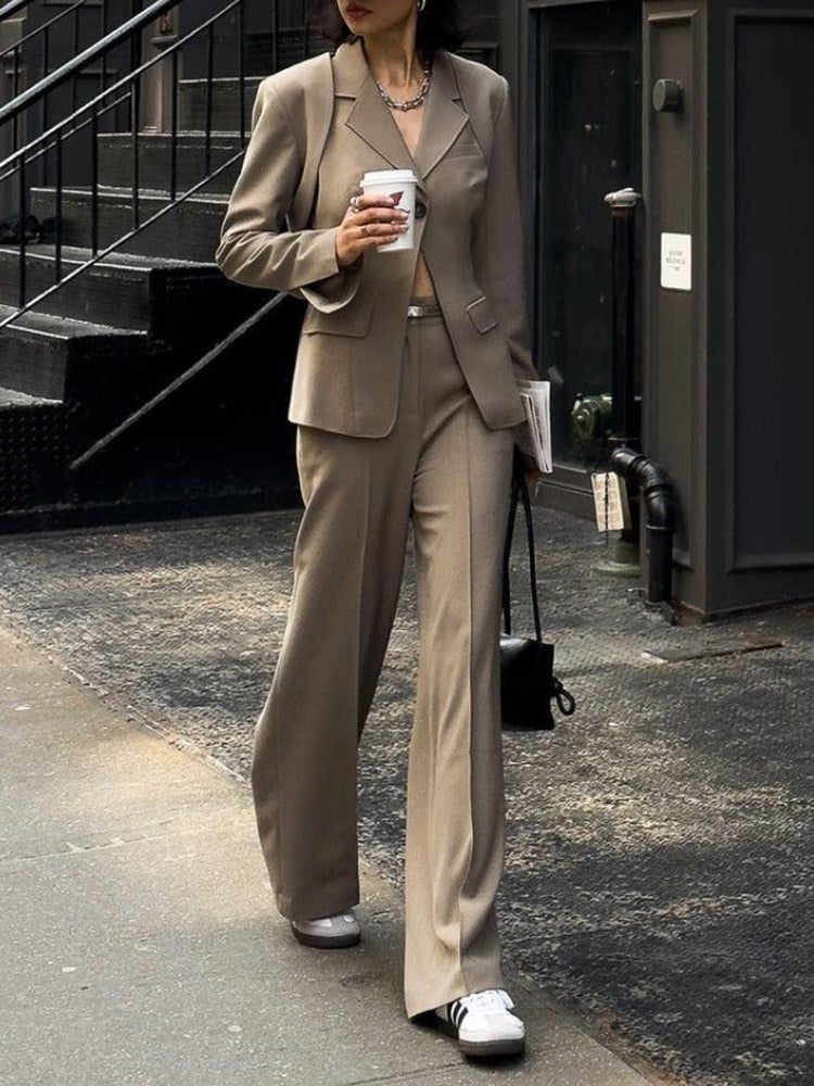 Casual Two Piece Sets For Women Notched Collar Detachable Long Sleeve Blazer High Waist straigth Trousers Solid Sets Female