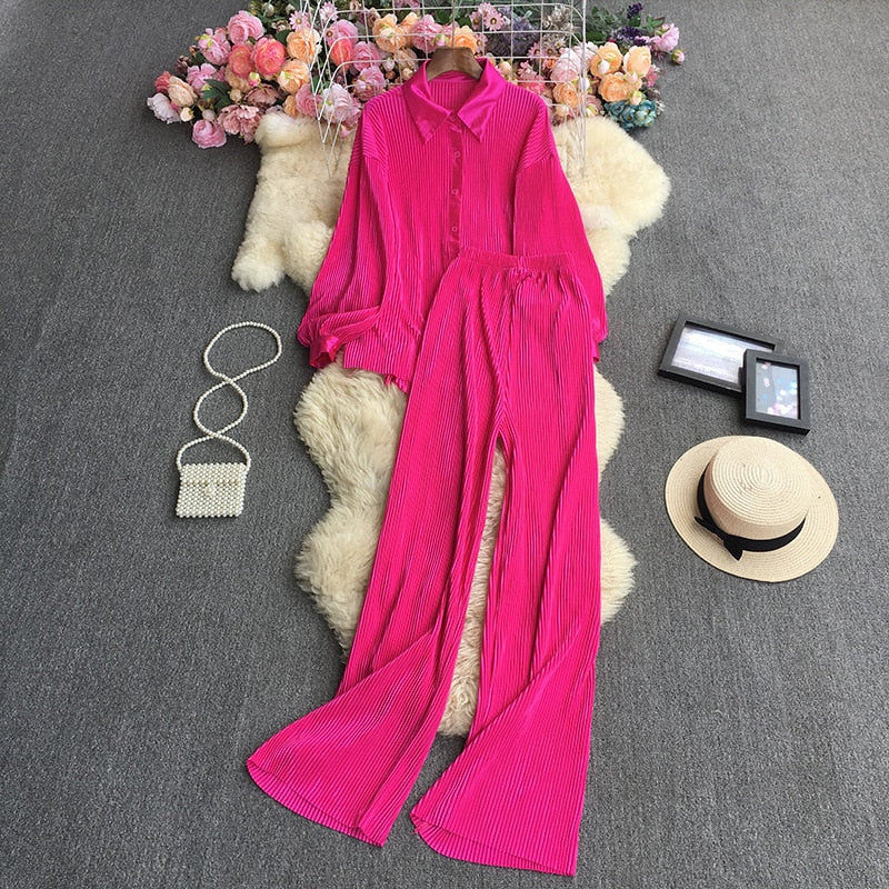 Casual Women Elegant Pleated Two Piece Set Long Sleeve Shirt And Wide Leg Pant Suits Loose Office Lady Outfits Autumn Rose Red One Size