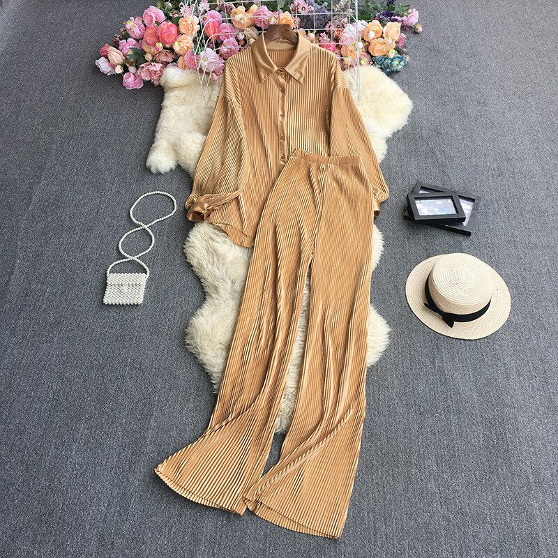 Casual Women Elegant Pleated Two Piece Set Long Sleeve Shirt And Wide Leg Pant Suits Loose Office Lady Outfits Autumn APRICOT One Size