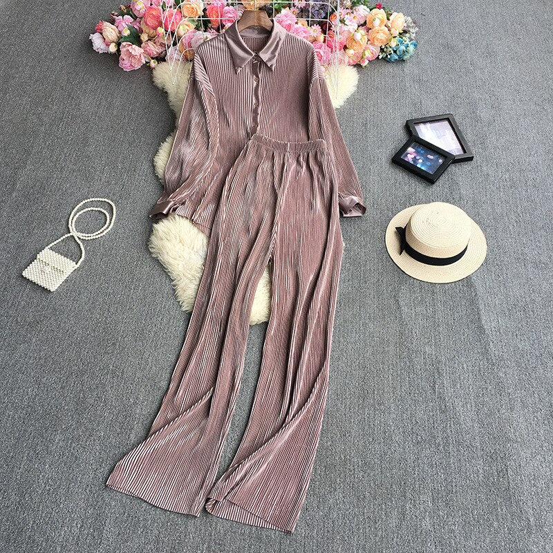 Casual Women Elegant Pleated Two Piece Set Long Sleeve Shirt And Wide Leg Pant Suits Loose Office Lady Outfits Autumn champagne One Size