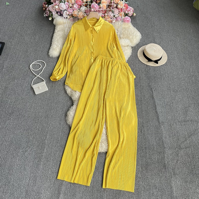 Casual Women Elegant Pleated Two Piece Set Long Sleeve Shirt And Wide Leg Pant Suits Loose Office Lady Outfits Autumn Yellow One Size