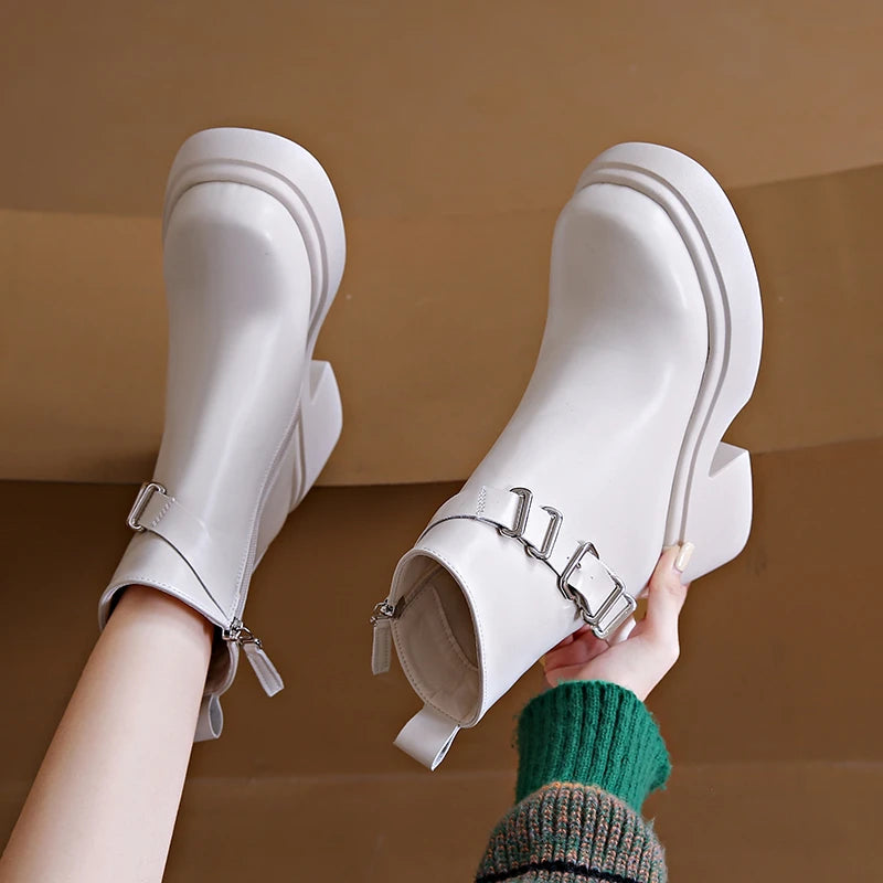 Casual and Comfortable Round Toe Winter Leather Zipper Shoes Square Heel Thick Sole Elegant Women's Boots
