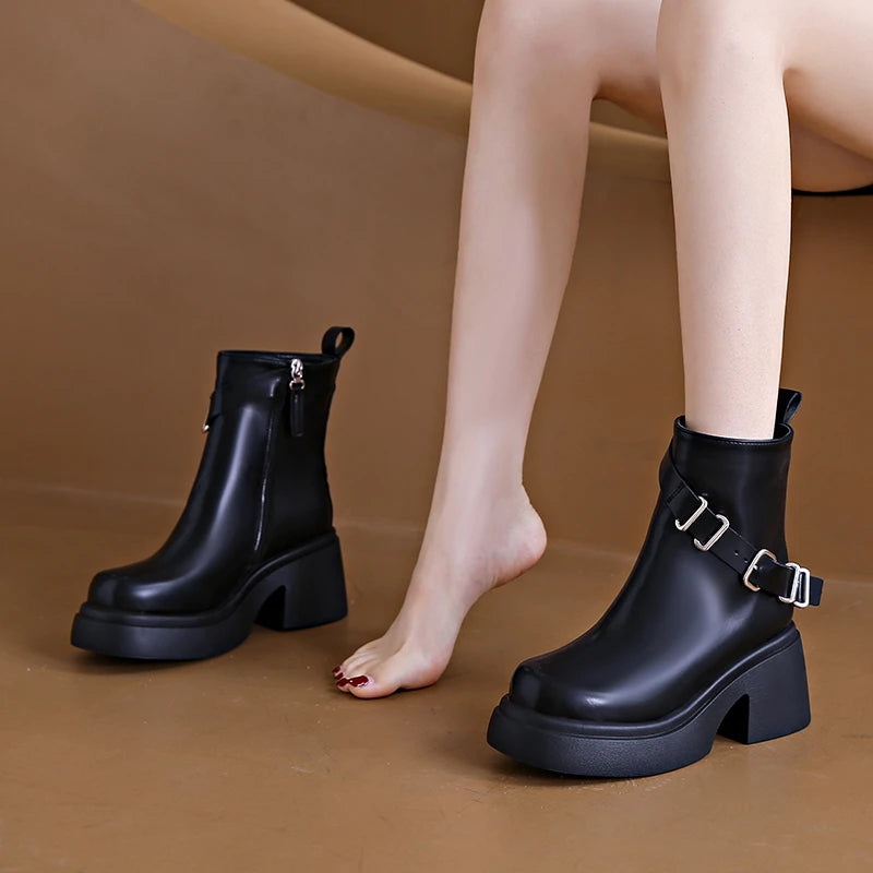 Casual and Comfortable Round Toe Winter Leather Zipper Shoes Square Heel Thick Sole Elegant Women's Boots black
