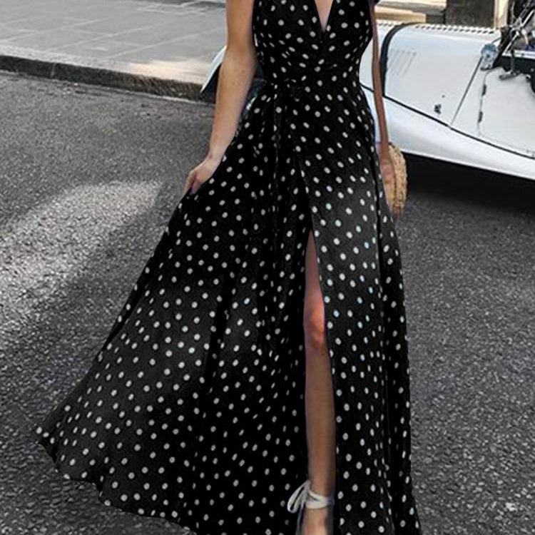 Bohemian Polka Dot Split Hem Maxi Sundress Summer Short Sleeve Long Dress Casual Vacation V-Neck Belted Black
