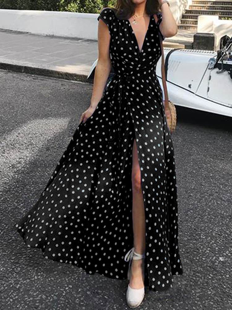 Bohemian Polka Dot Split Hem Maxi Sundress Summer Short Sleeve Long Dress Casual Vacation V-Neck Belted Black