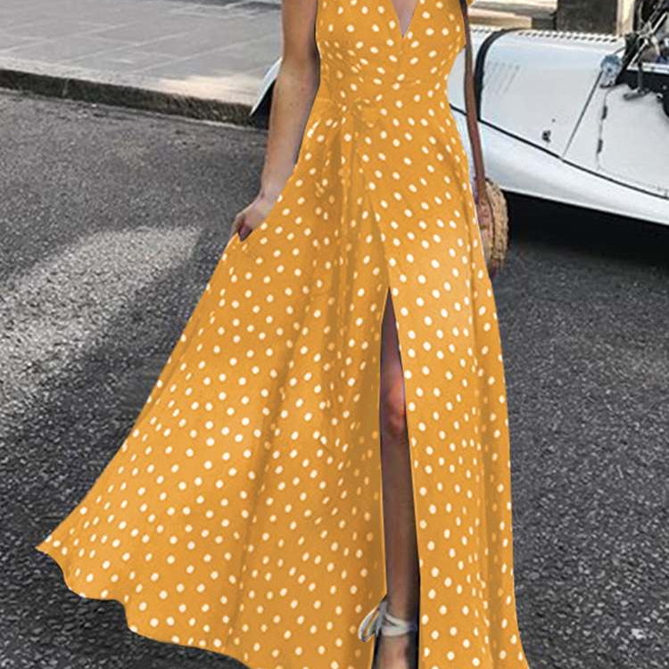Bohemian Polka Dot Split Hem Maxi Sundress Summer Short Sleeve Long Dress Casual Vacation V-Neck Belted Yellow