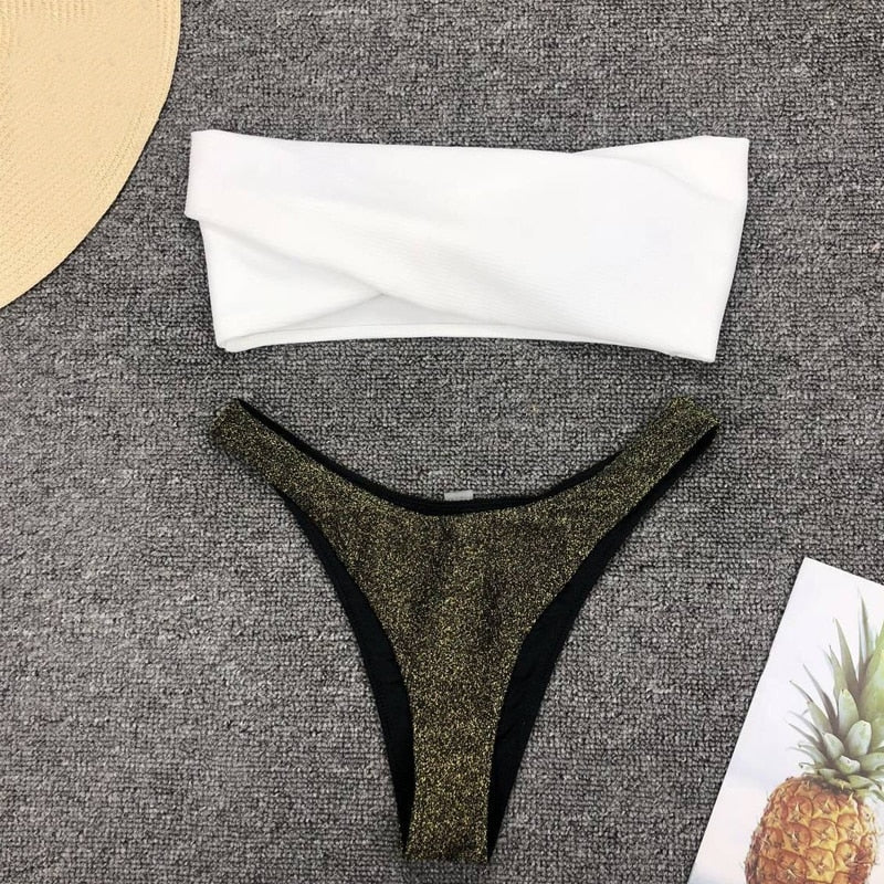 Cheeky bottom strapless gold bikinis tankini thong swimwear