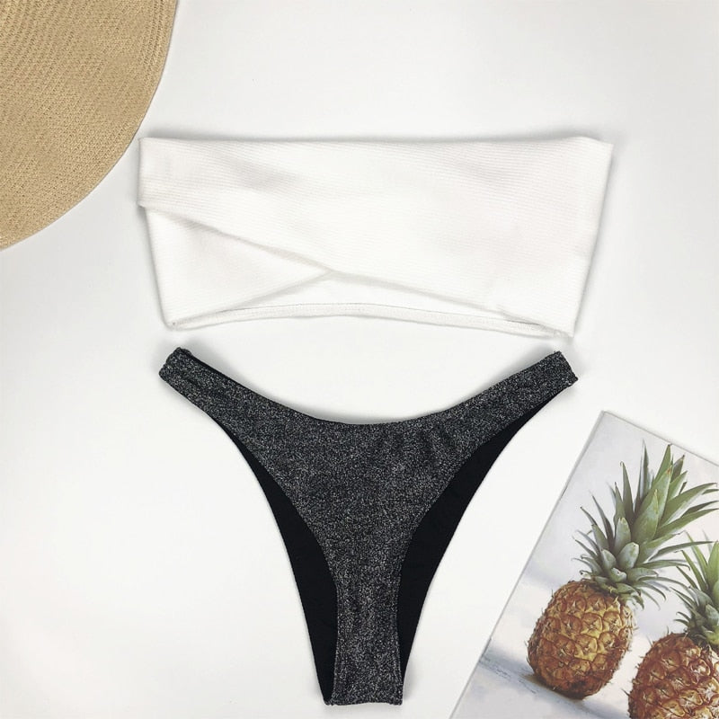 Cheeky bottom strapless gold bikinis tankini thong swimwear