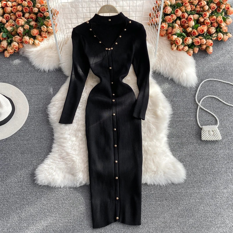 Chic Fashion Sexy Package Hips Knitted Winter Dress Women Slim Elastic Bodycon Long Dress Streetwear Lady Party Vestido black One Size