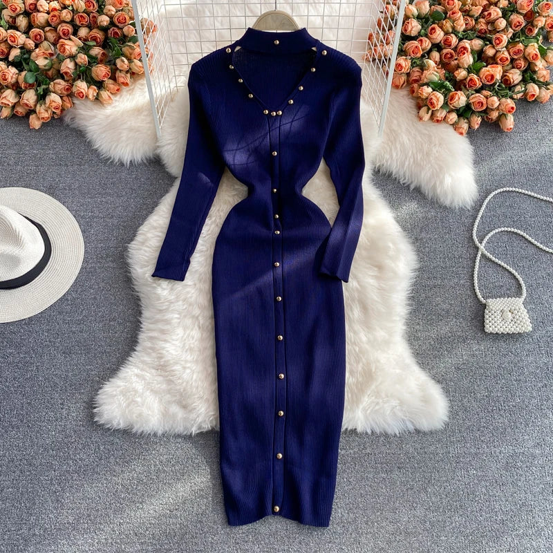 Chic Fashion Sexy Package Hips Knitted Winter Dress Women Slim Elastic Bodycon Long Dress Streetwear Lady Party Vestido Navy Blue One Size