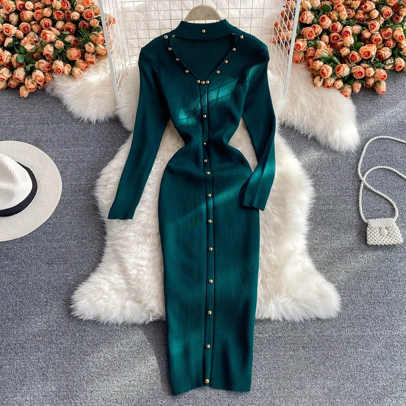 Chic Fashion Sexy Package Hips Knitted Winter Dress Women Slim Elastic Bodycon Long Dress Streetwear Lady Party Vestido green One Size