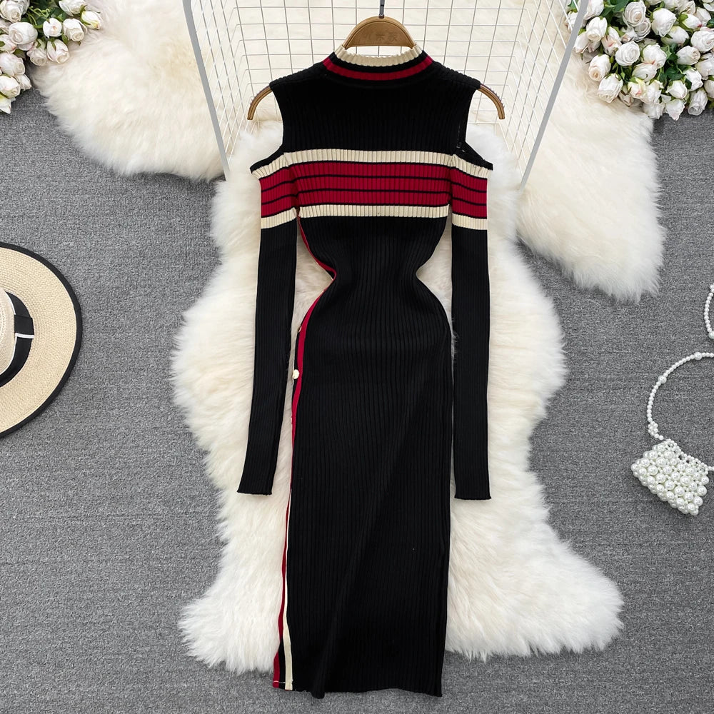 Chic Fashion Sexy Wrap Hips Split Knitted Dress Women Autumn Winter Elegant Rib Knit Bodycon Sweater Dress Lady Outfits black One Size