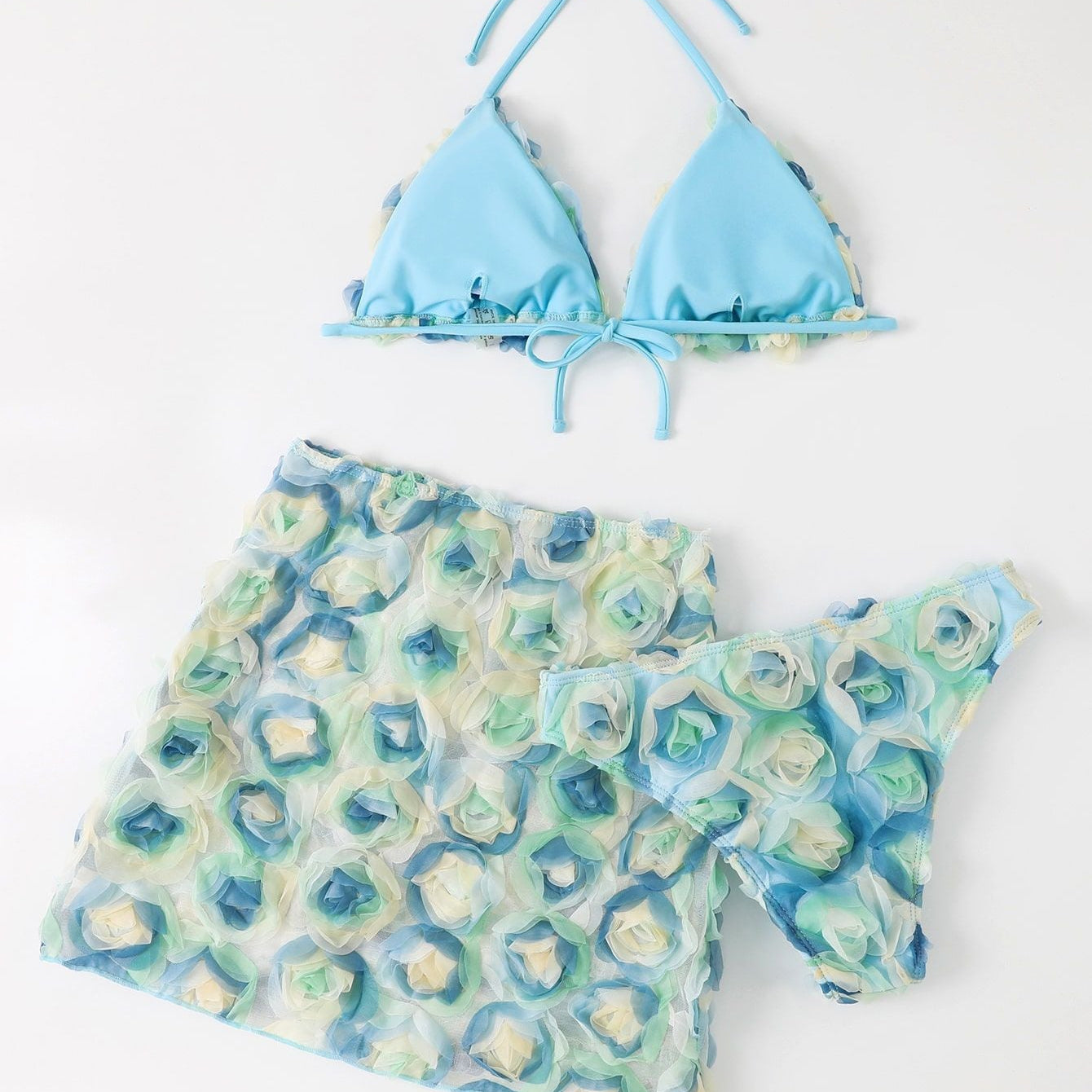 Chic Flowers Sewn Triangle Bikinis 2024 Women Halter Swimsuit With Mesh Skirt Sexy Swimwear Bathing Suits 3pcs Set Beach Wear