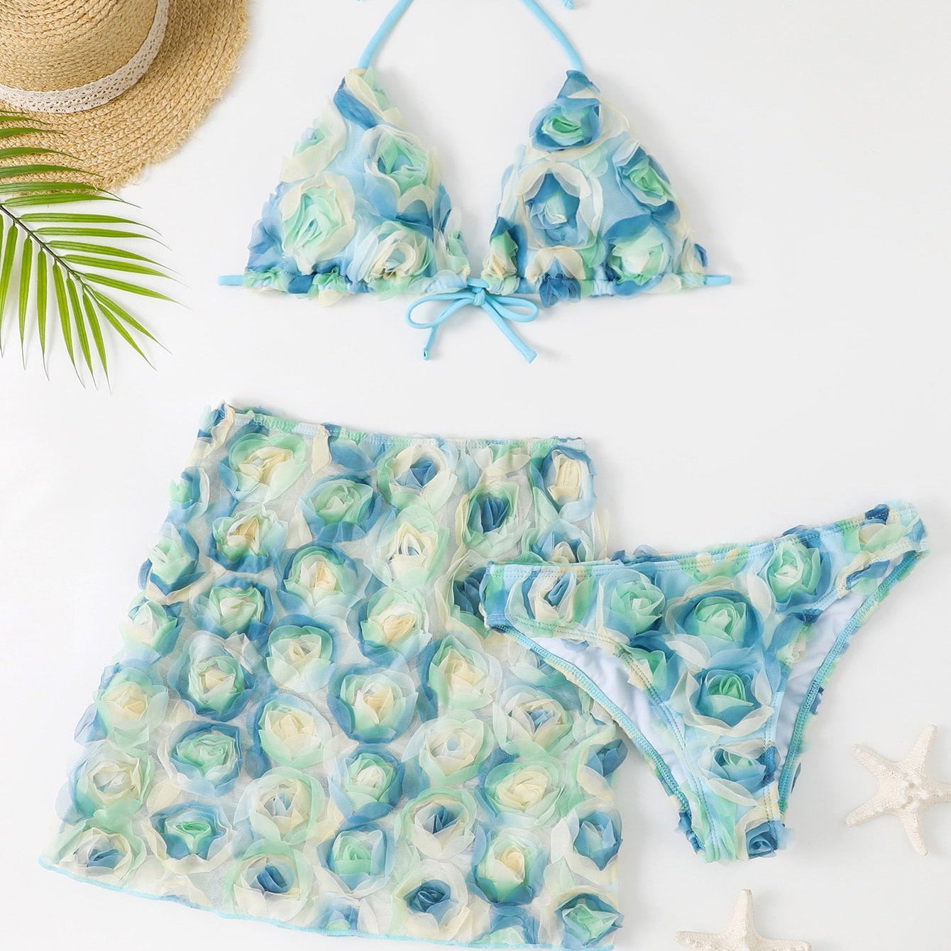 Chic Flowers Sewn Triangle Bikinis 2024 Women Halter Swimsuit With Mesh Skirt Sexy Swimwear Bathing Suits 3pcs Set Beach Wear