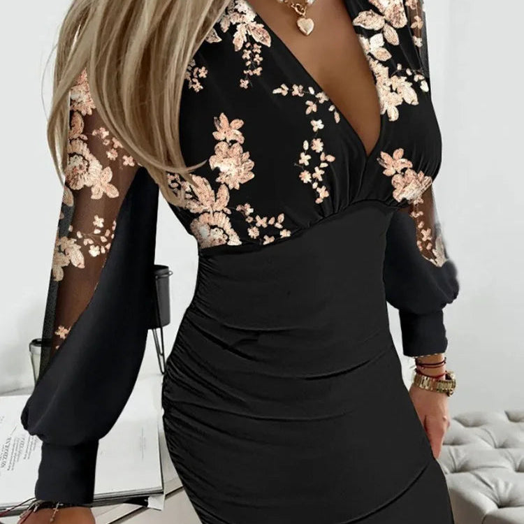 Chic Office Lady Slim Mini Solid Dress V Neck Patchwork Women Streetwear Sheath Dress Elegant Lantern Sleeve Spring Summer Dress