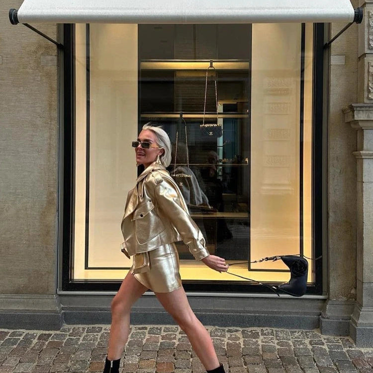 Chic Silver Women's Fake Leather Motorcycle Jacket Elegant Loose Lapel Long Sleeved PU Coat Autumn Lady Fashion Overcoat