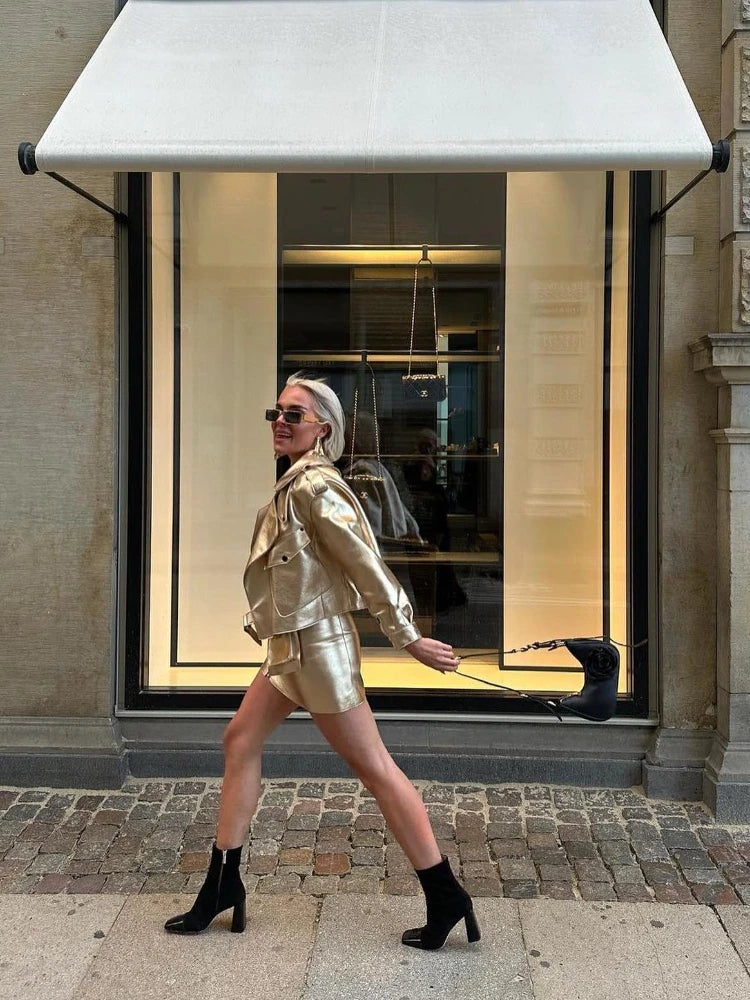 Chic Silver Women's Fake Leather Motorcycle Jacket Elegant Loose Lapel Long Sleeved PU Coat Autumn Lady Fashion Overcoat