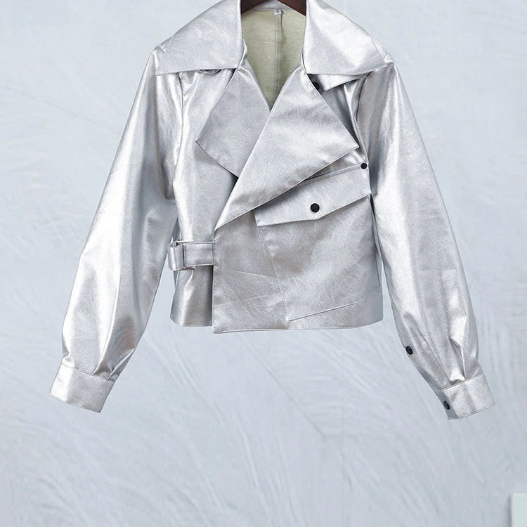 Chic Silver Women's Fake Leather Motorcycle Jacket Elegant Loose Lapel Long Sleeved PU Coat Autumn Lady Fashion Overcoat Silver