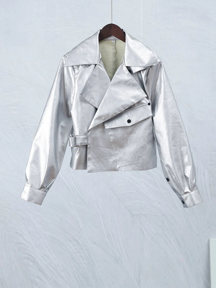 Chic Silver Women's Fake Leather Motorcycle Jacket Elegant Loose Lapel Long Sleeved PU Coat Autumn Lady Fashion Overcoat Silver