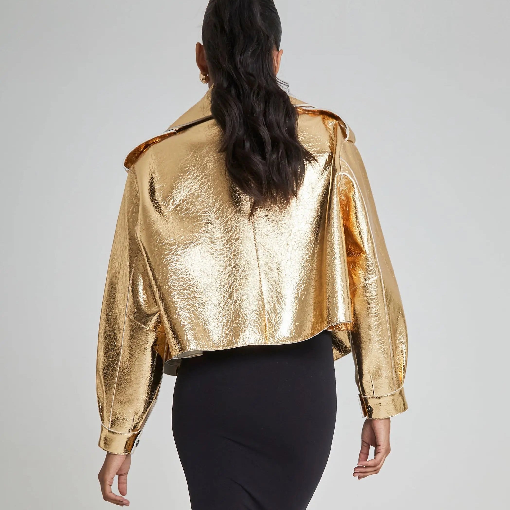 Chic Silver Women's Fake Leather Motorcycle Jacket Elegant Loose Lapel Long Sleeved PU Coat Autumn Lady Fashion Overcoat