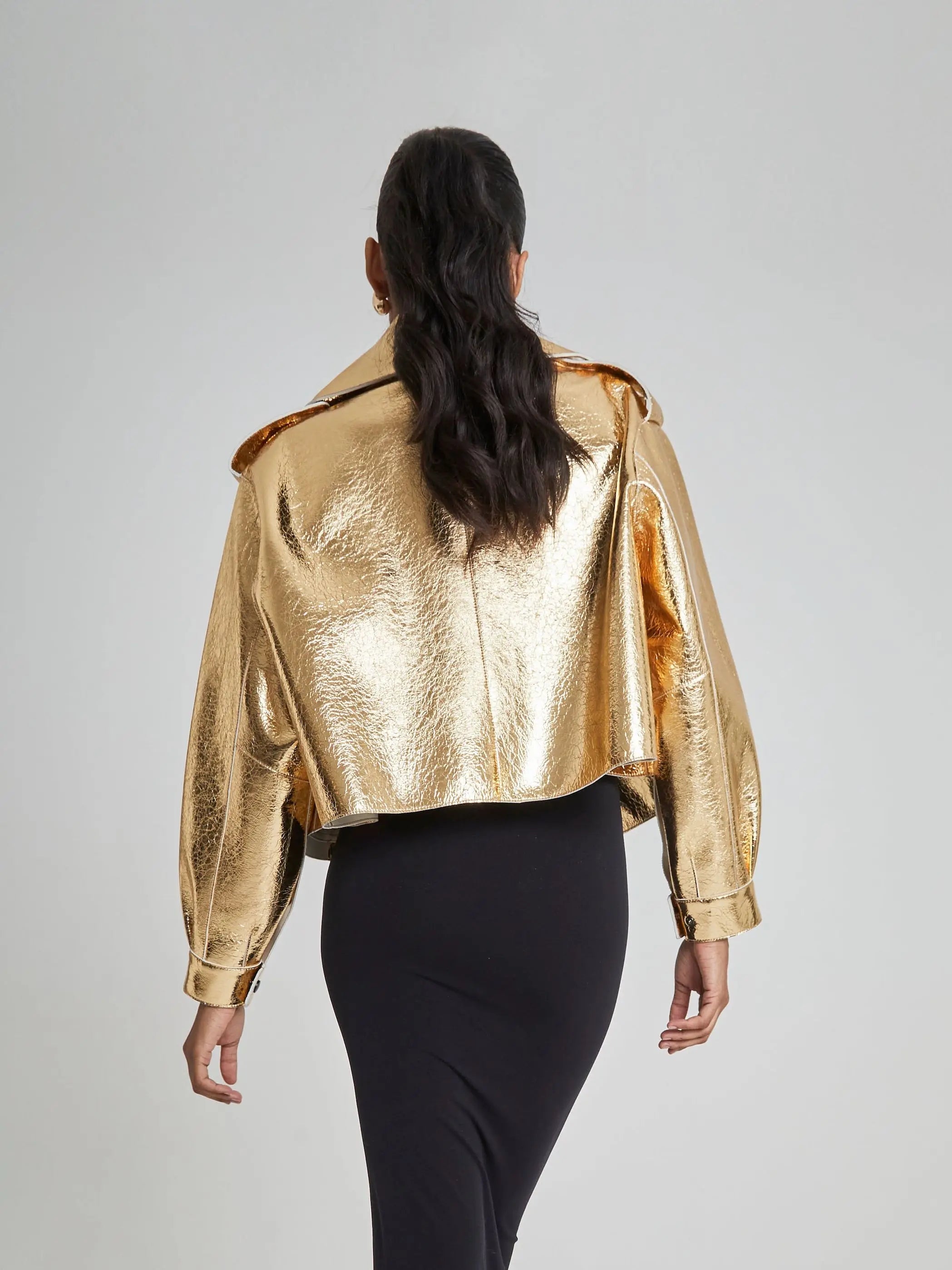 Chic Silver Women's Fake Leather Motorcycle Jacket Elegant Loose Lapel Long Sleeved PU Coat Autumn Lady Fashion Overcoat