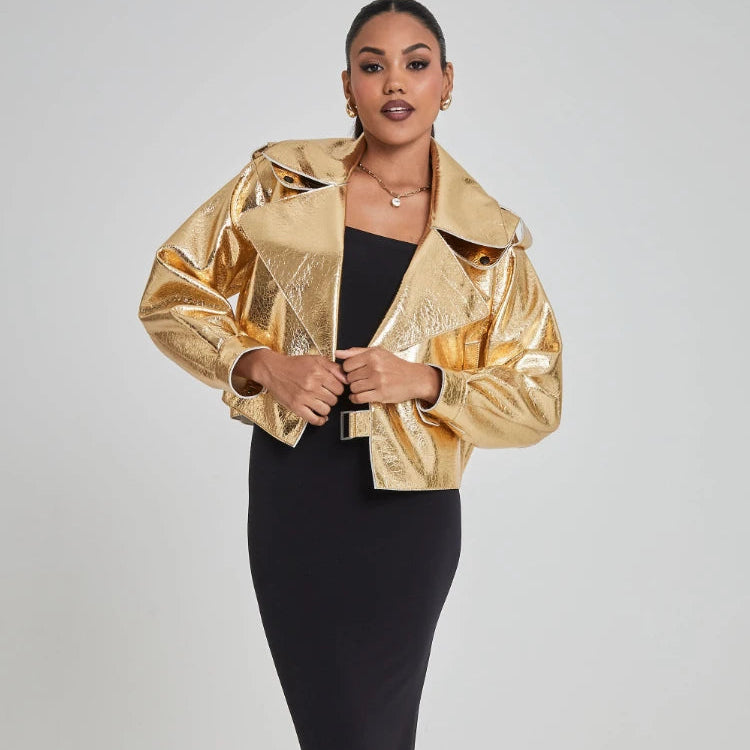 Chic Silver Women's Fake Leather Motorcycle Jacket Elegant Loose Lapel Long Sleeved PU Coat Autumn Lady Fashion Overcoat Gold