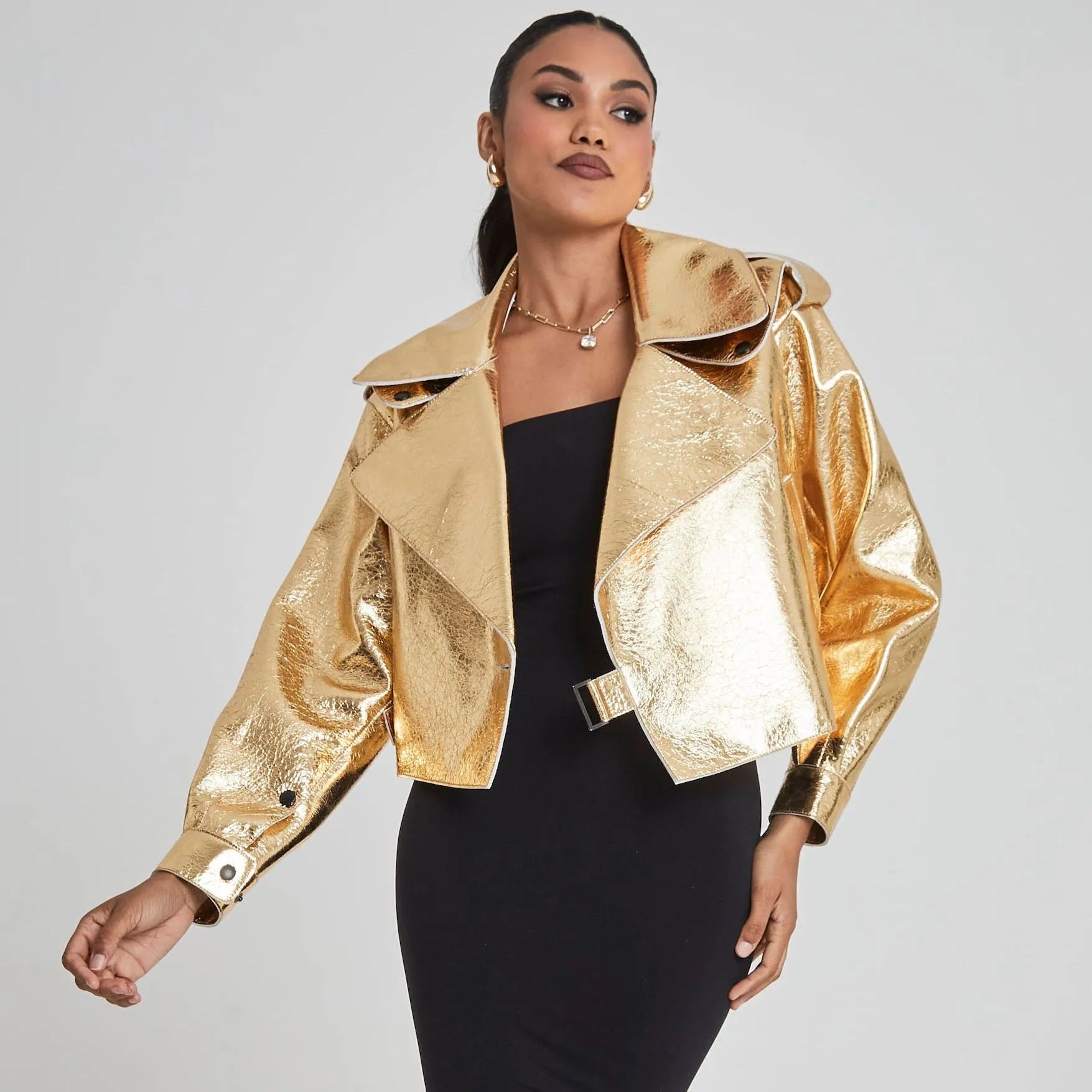 Chic Silver Women's Fake Leather Motorcycle Jacket Elegant Loose Lapel Long Sleeved PU Coat Autumn Lady Fashion Overcoat