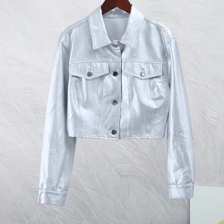 Chic Silvery Women's Pants Set Fashion Lapel Single Breasted Crop Jacket Straight Trousers Suit Autumn Lady Elegant Outfit Top