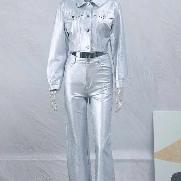 Chic Silvery Women's Pants Set Fashion Lapel Single Breasted Crop Jacket Straight Trousers Suit Autumn Lady Elegant Outfit Set