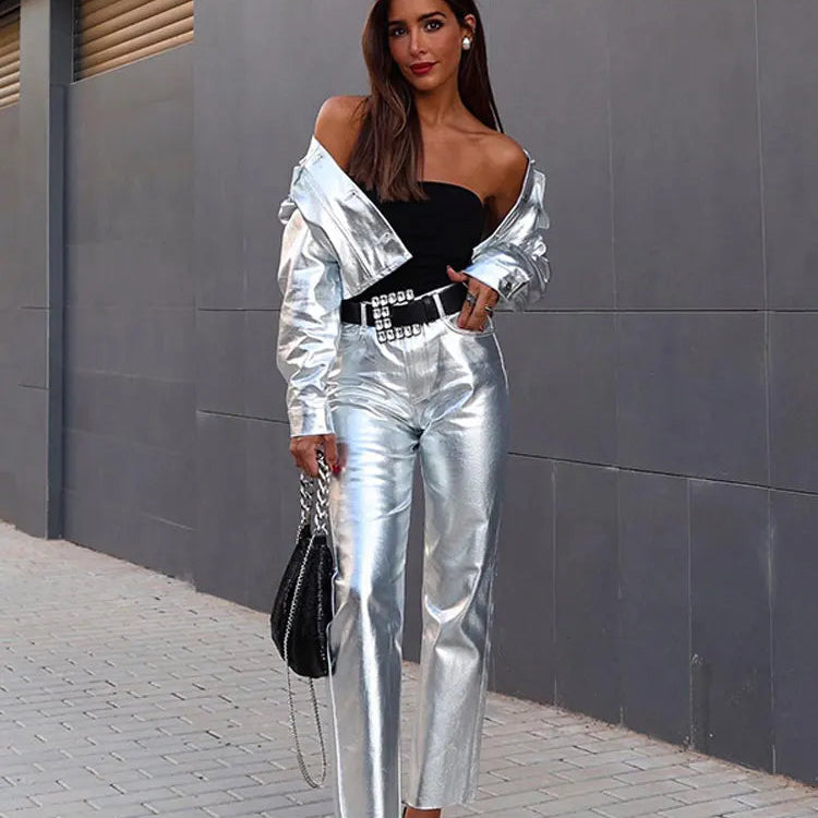 Chic Silvery Women's Pants Set Fashion Lapel Single Breasted Crop Jacket Straight Trousers Suit Autumn Lady Elegant Outfit