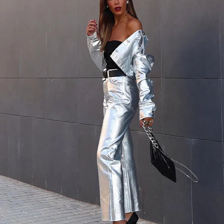 Chic Silvery Women's Pants Set Fashion Lapel Single Breasted Crop Jacket Straight Trousers Suit Autumn Lady Elegant Outfit