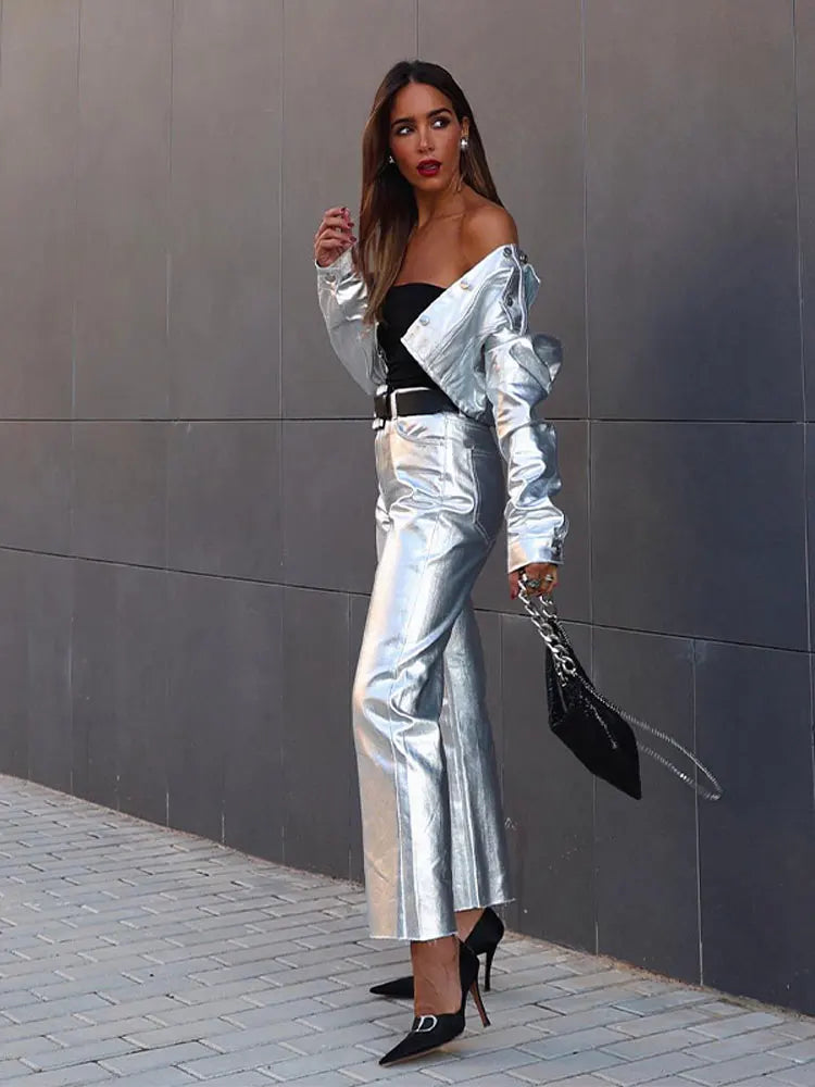 Chic Silvery Women's Pants Set Fashion Lapel Single Breasted Crop Jacket Straight Trousers Suit Autumn Lady Elegant Outfit