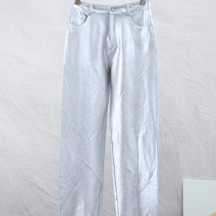 Chic Silvery Women's Pants Set Fashion Lapel Single Breasted Crop Jacket Straight Trousers Suit Autumn Lady Elegant Outfit Pants