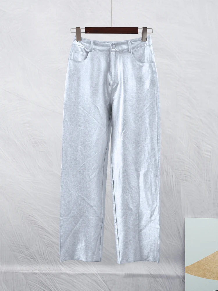 Chic Silvery Women's Pants Set Fashion Lapel Single Breasted Crop Jacket Straight Trousers Suit Autumn Lady Elegant Outfit Pants