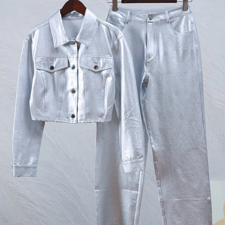 Chic Silvery Women's Pants Set Fashion Lapel Single Breasted Crop Jacket Straight Trousers Suit Autumn Lady Elegant Outfit