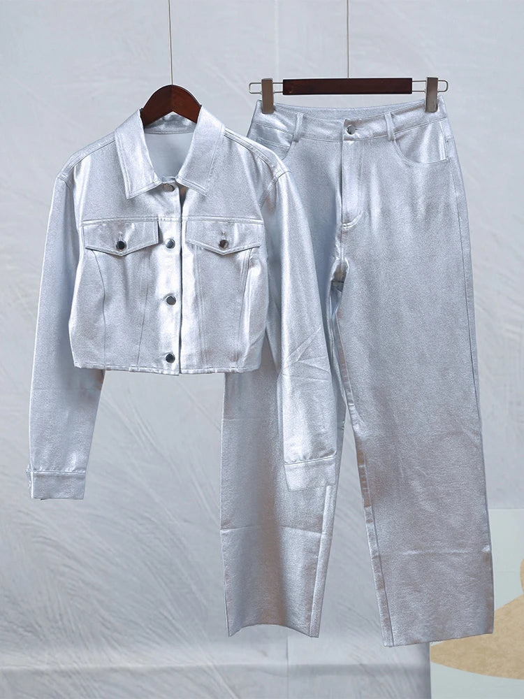 Chic Silvery Women's Pants Set Fashion Lapel Single Breasted Crop Jacket Straight Trousers Suit Autumn Lady Elegant Outfit