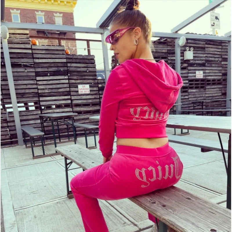 Chic Thin Velvet Autumn Juicy Apple Tracksuit 2 Pieces Set Hoodie Suit Women Velour Sweatshirt and Pants with Diamonds Y2K Rose red