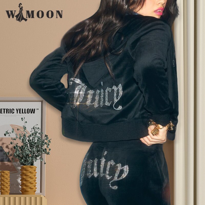 Chic Thin Velvet 2024 Autumn Juicy Apple Tracksuit 2 Pieces Set Hoodie Suit Women Velour Sweatshirt and Pants with Diamonds Y2K AMAIO