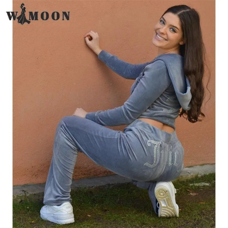 Chic Thin Velvet Autumn Juicy Apple Tracksuit 2 Pieces Set Hoodie Suit Women Velour Sweatshirt and Pants with Diamonds Y2K