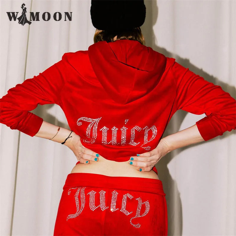 Chic Thin Velvet Autumn Juicy Apple Tracksuit 2 Pieces Set Hoodie Suit Women Velour Sweatshirt and Pants with Diamonds Y2K