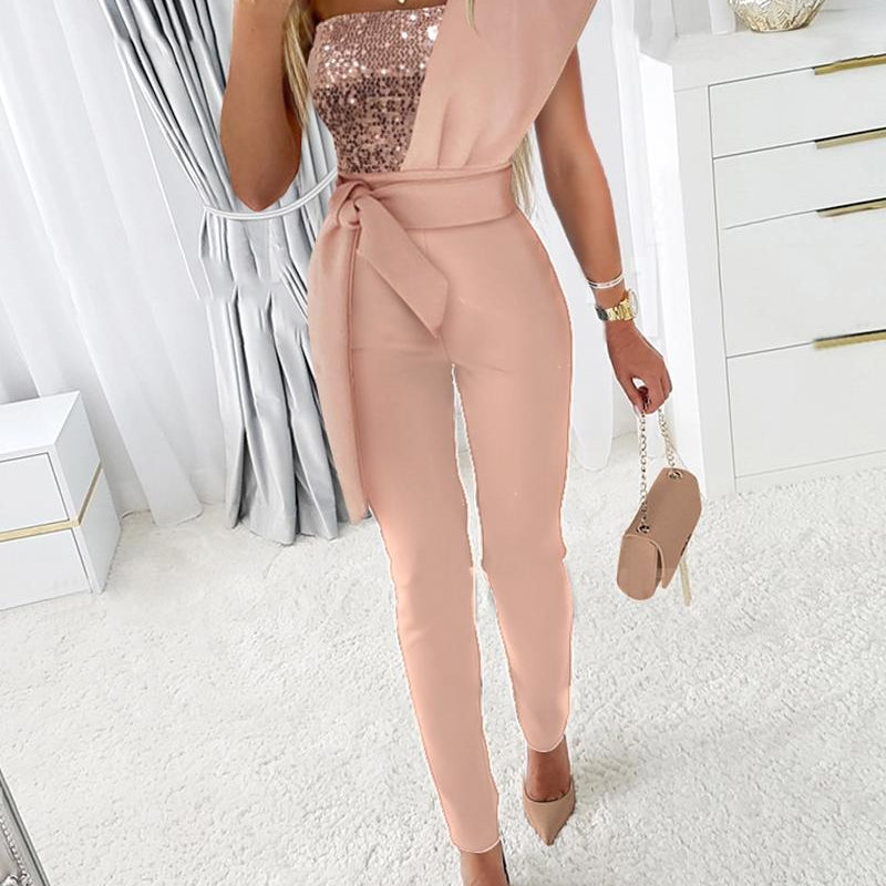 Chic Women Elegant Pink Full Bodysuits Sequin Prom One Piece Bodysuit Dresses Evening Outfit Overalls Jumpsuit Jumpsuits Clothes