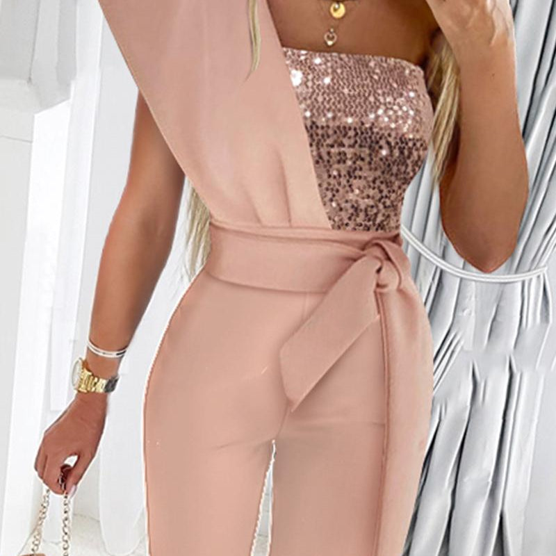 Chic Women Elegant Pink Full Bodysuits Sequin Prom One Piece Bodysuit Dresses Evening Outfit Overalls Jumpsuit Jumpsuits Clothes