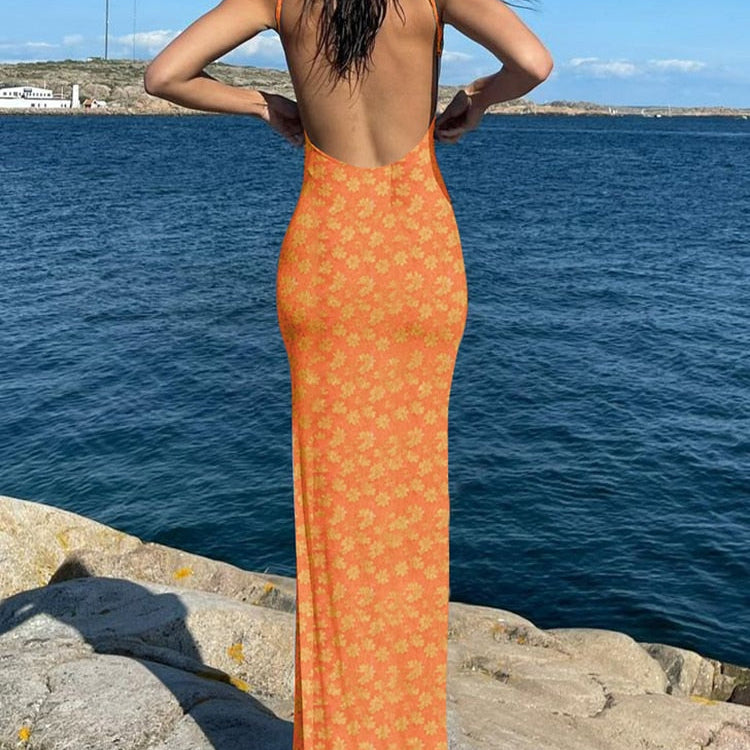 Chicology 2022 Women Midi Slip Floral Dress Print Backless Sleeveless Elegant Slim Bodycon Spring Summer Holiday Fashion Sweet Orange