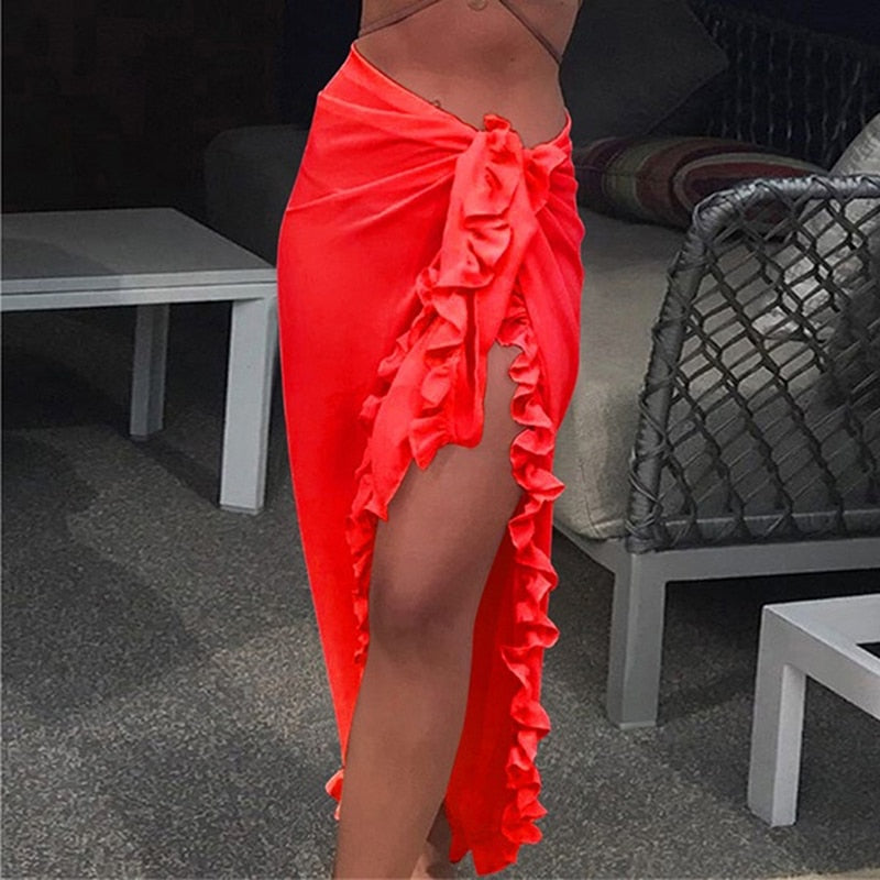 Chiffon See-Through Beach Bikini Cover Up Wrap Scarf Swimwear Pareo Sarong Dress Solid Ruffle Casual Beach Dress Red One Size