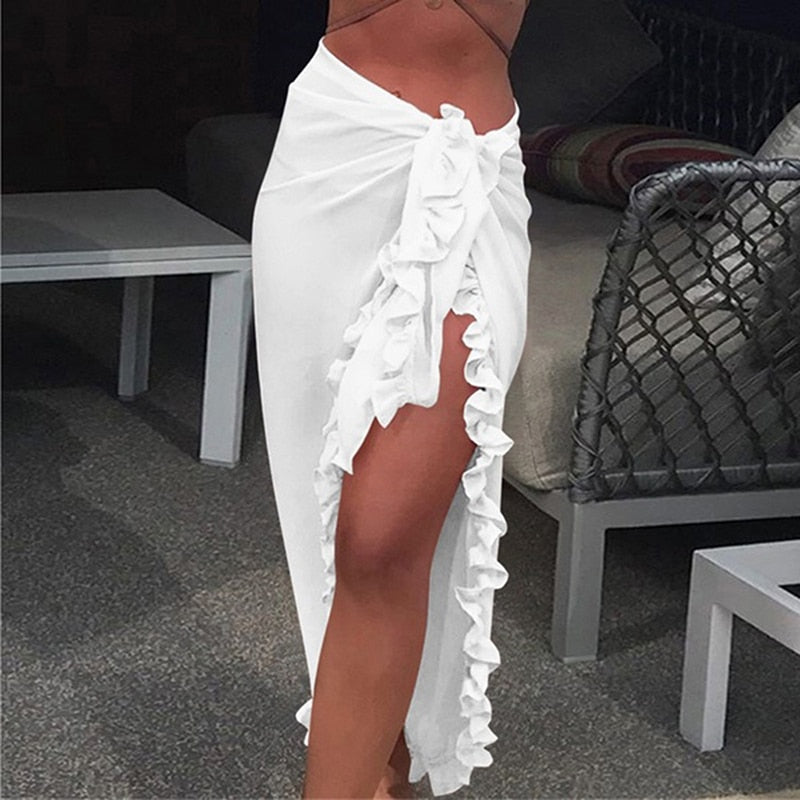 Chiffon See-Through Beach Bikini Cover Up Wrap Scarf Swimwear Pareo Sarong Dress Solid Ruffle Casual Beach Dress white One Size