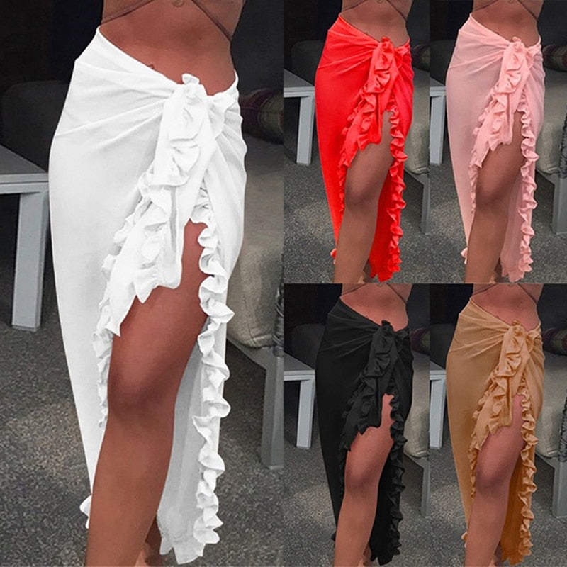 Chiffon See-Through Beach Bikini Cover Up Wrap Scarf Swimwear Pareo Sarong Dress Solid Ruffle Casual Beach Dress AMAIO